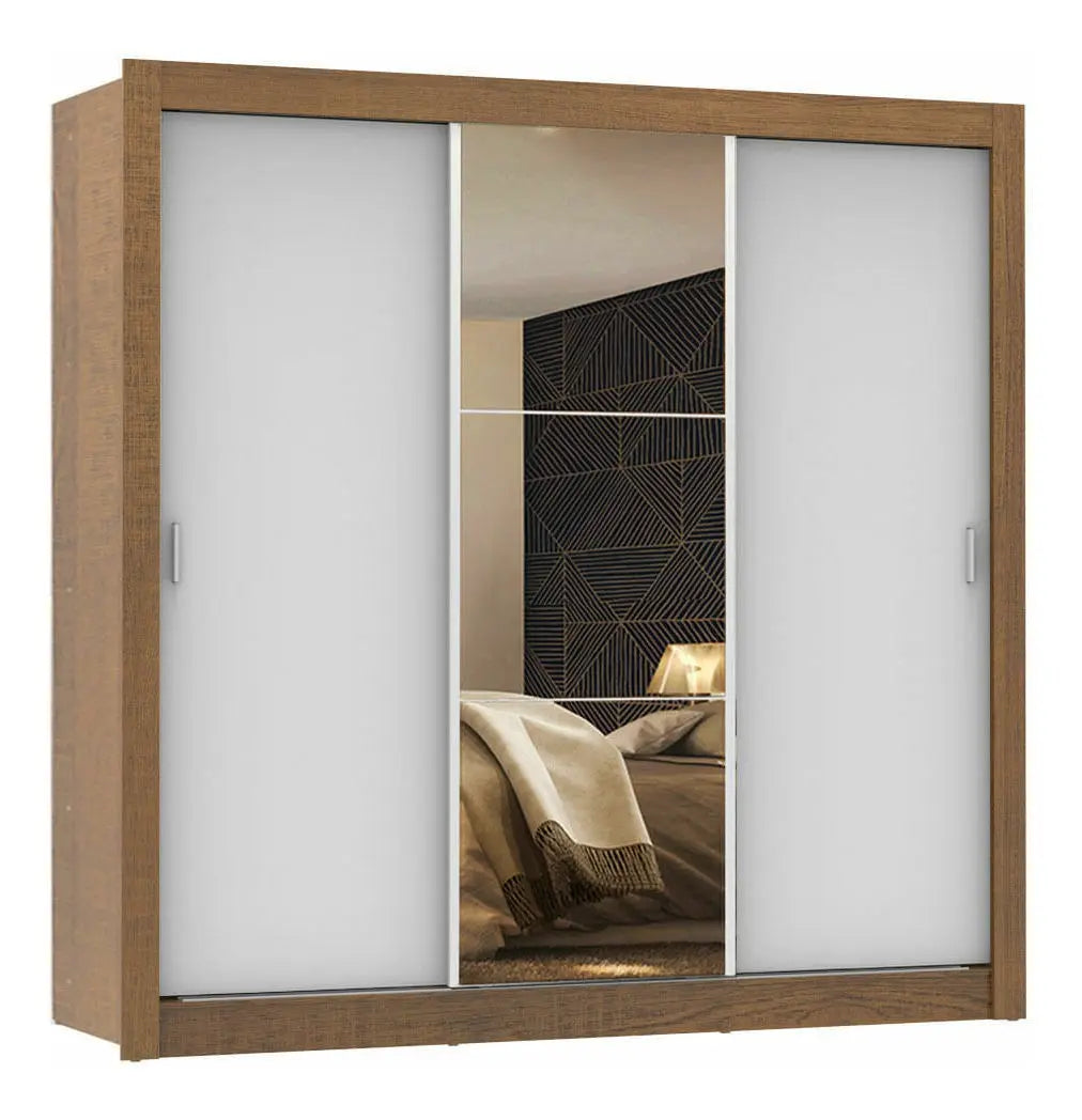 Guarda Roupa Casal Madesa Mônaco 3 Portas Correr Com Espelho Cor Rustic/Branco 1093D81E — foto 4
